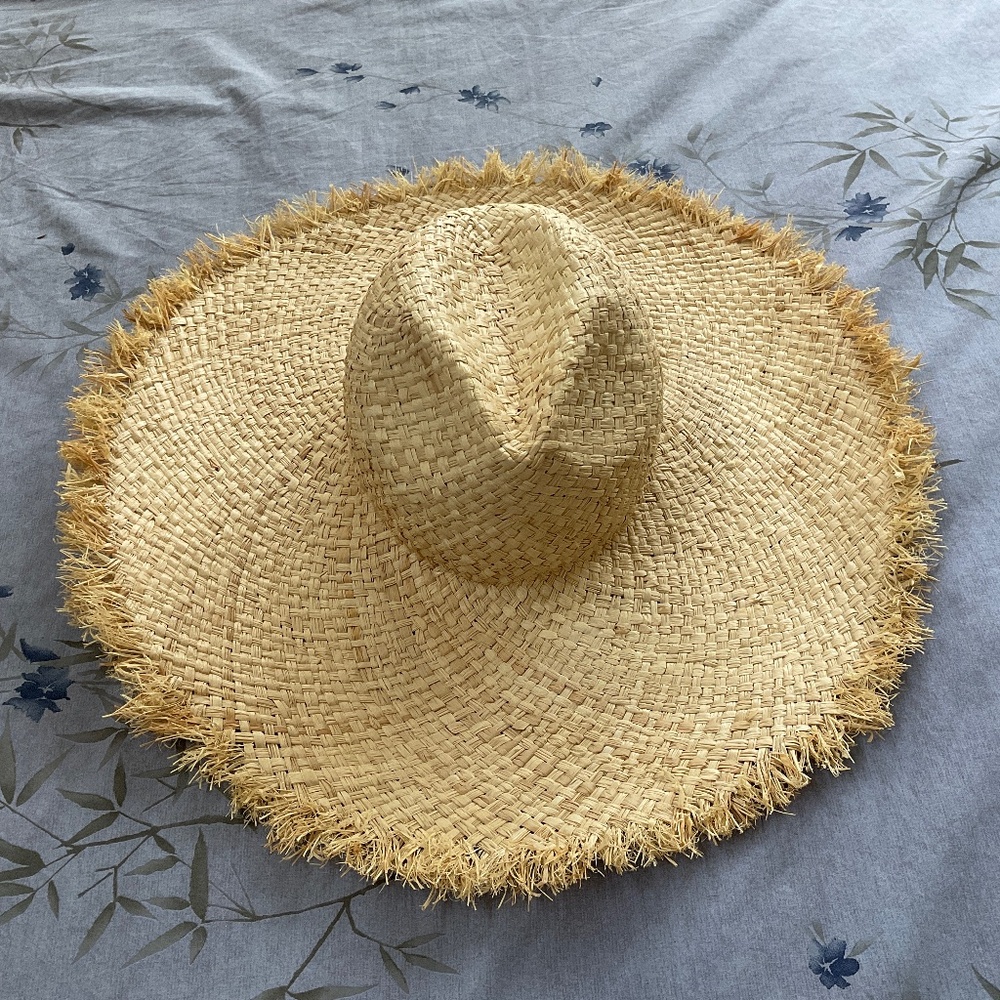 Jenni Kayne Beige Wide-Brimmed Straw Hat with Frayed Edges
